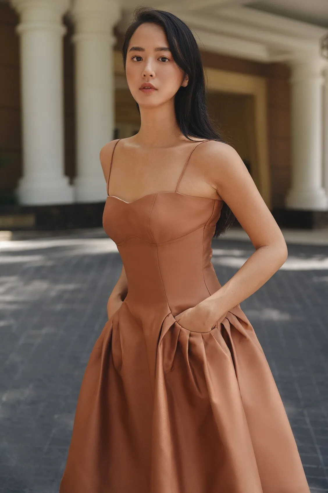 Spaghetti strap  pleated  skirt ocktail midi dress -Luisa