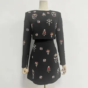 Spliced Diamonds Casual Two Piece Set For Women Round Neck Long Sleeve Top High Waist A Line Skirt Solid Vintage Sets Female