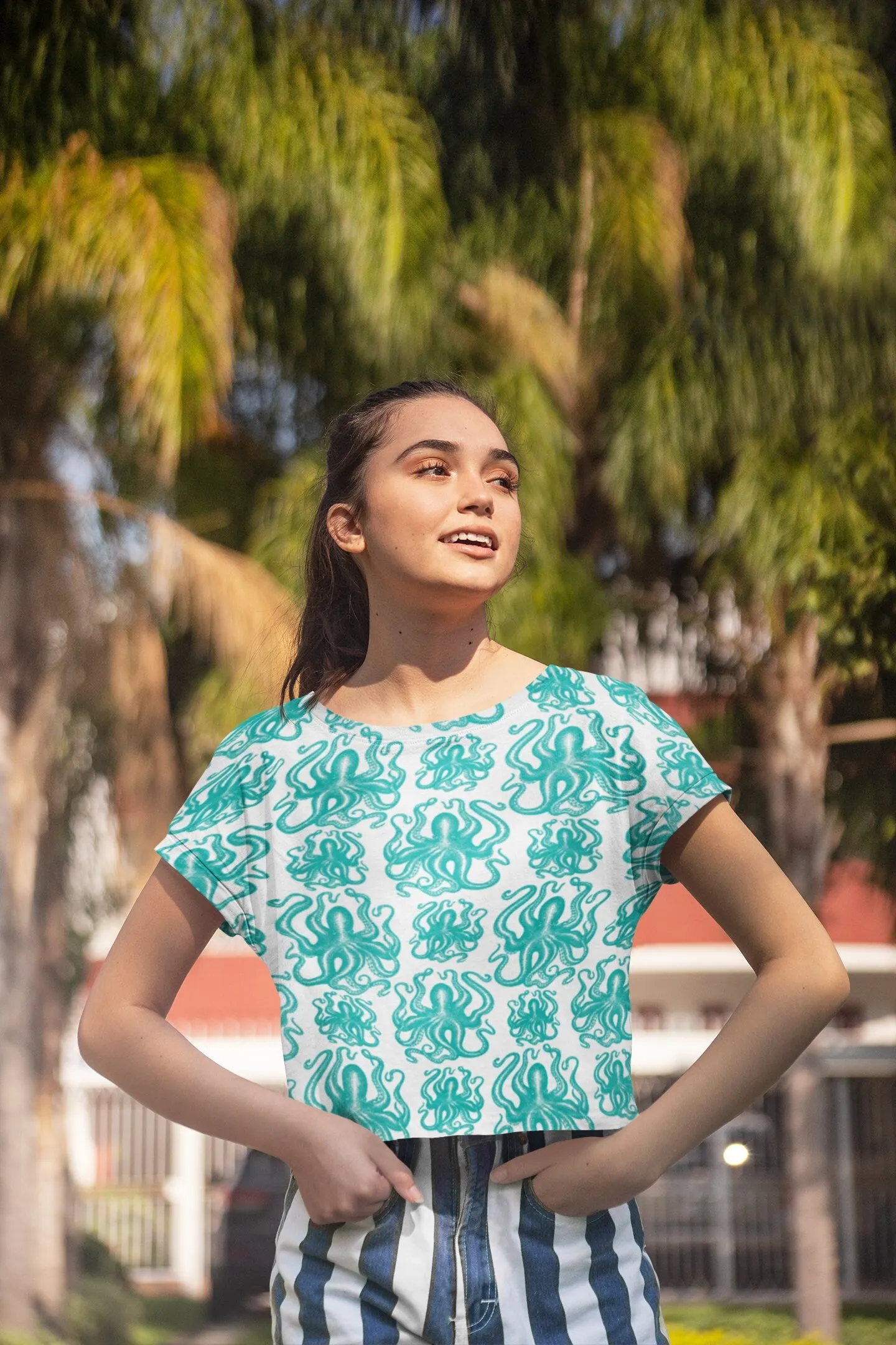 Summer Aqua Octopus Crop Tee - Trendy, Casual, and Comfortable! Crop tee with Octopus Art, Fashionable and functional. Octopus Print Tee