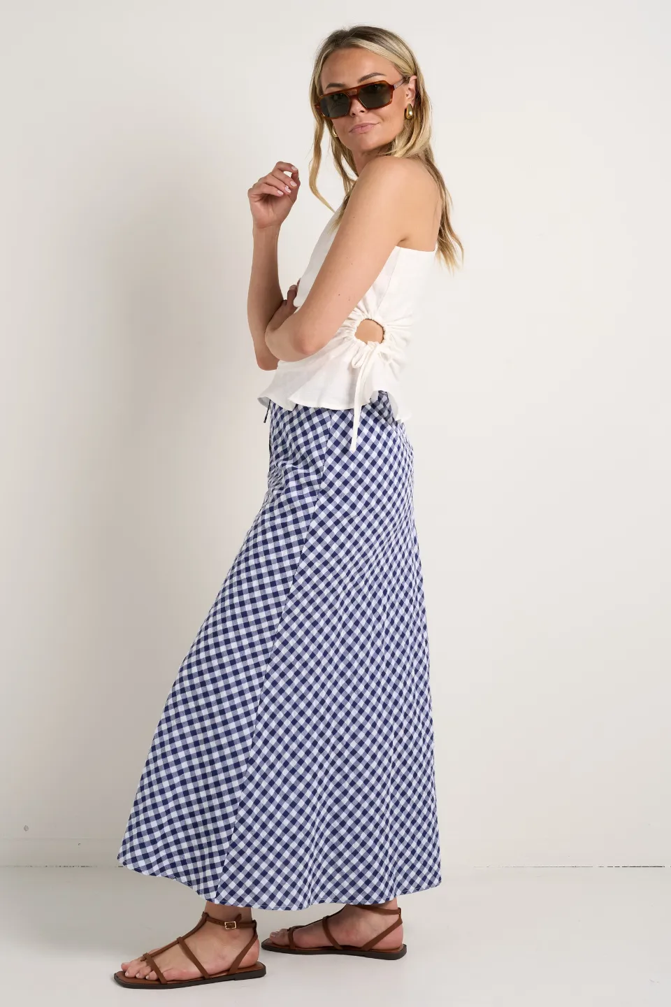 Summit Navy Gingham Tie Waist Bias Maxi Skirt