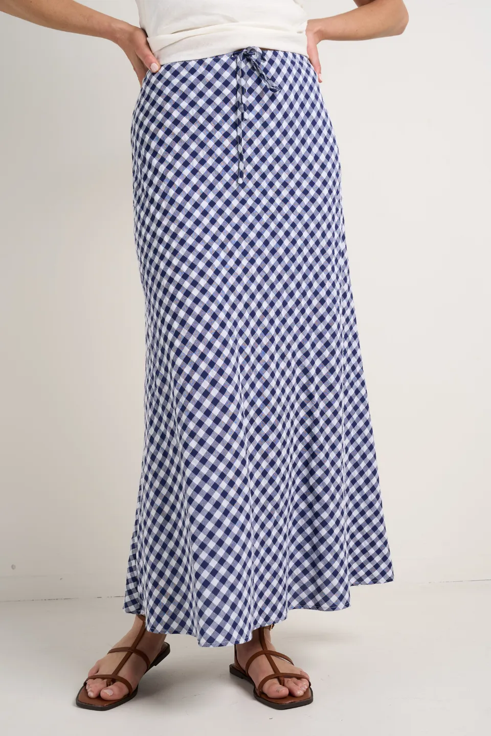 Summit Navy Gingham Tie Waist Bias Maxi Skirt