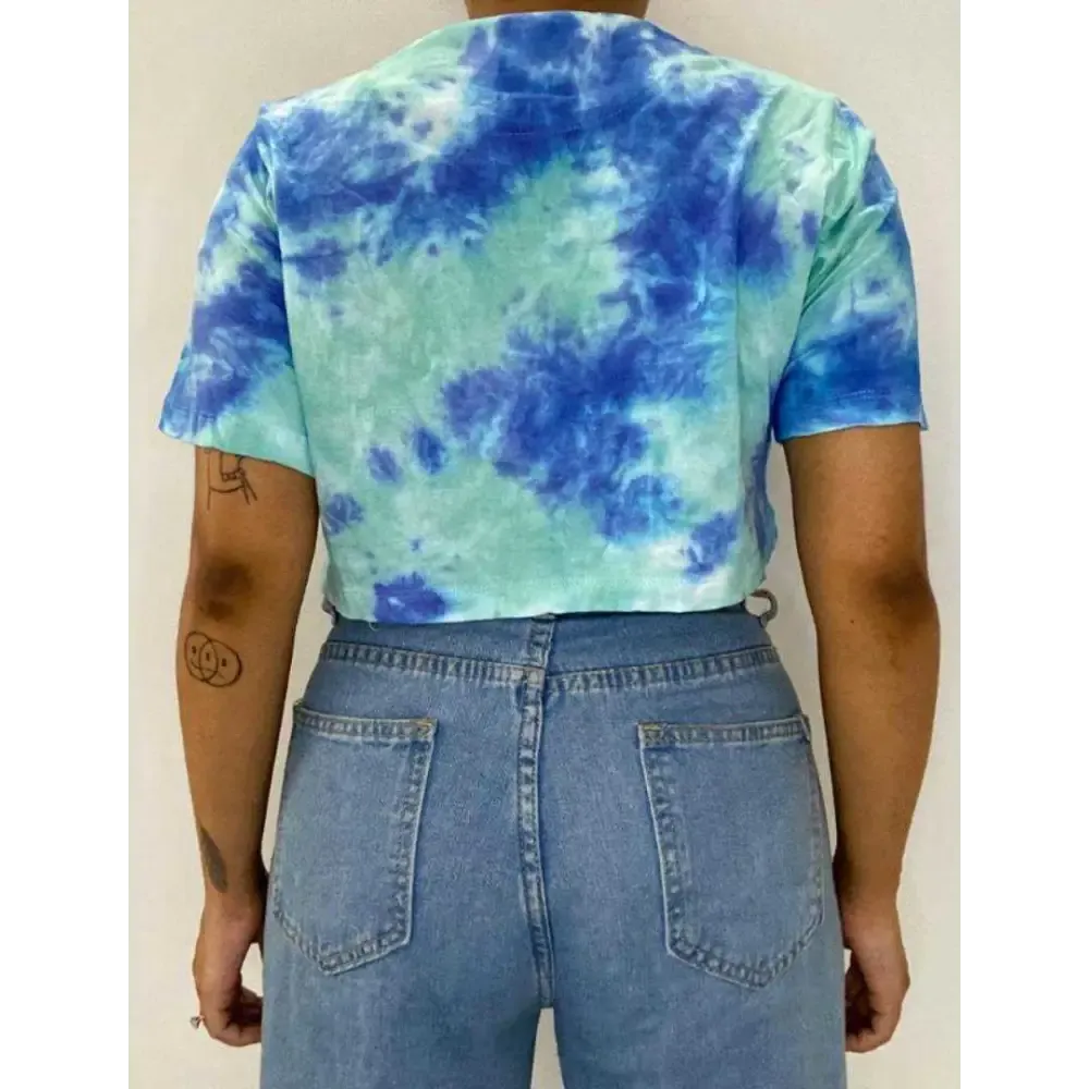 Teal &amp; Blue Dots Tie Dye Cotton Crop Top