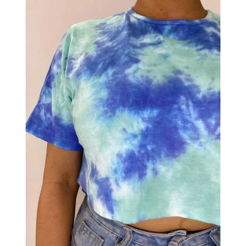 Teal &amp; Blue Dots Tie Dye Cotton Crop Top