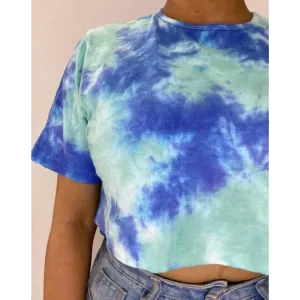 Teal &amp; Blue Dots Tie Dye Cotton Crop Top