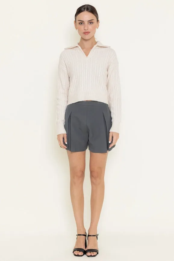 Thin Knit Zip Up Collar Long Sleeve Sweater TOP Ivory