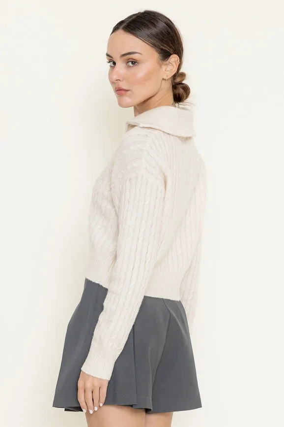 Thin Knit Zip Up Collar Long Sleeve Sweater TOP Ivory