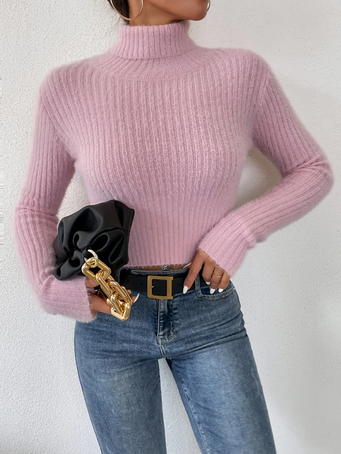 Turtleneck Ribbed Knit Crop Sweater