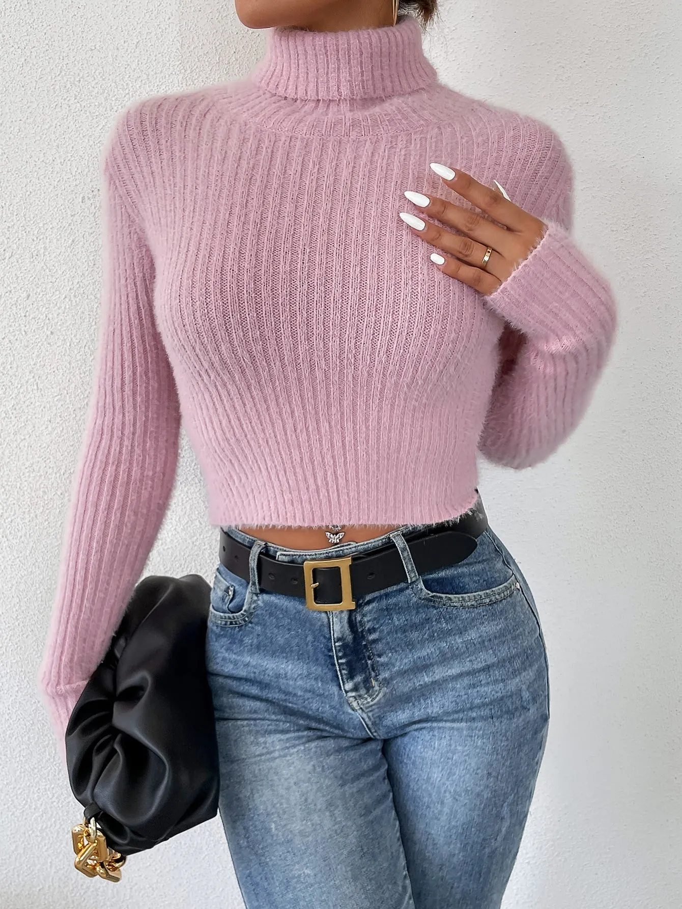 Turtleneck Ribbed Knit Crop Sweater