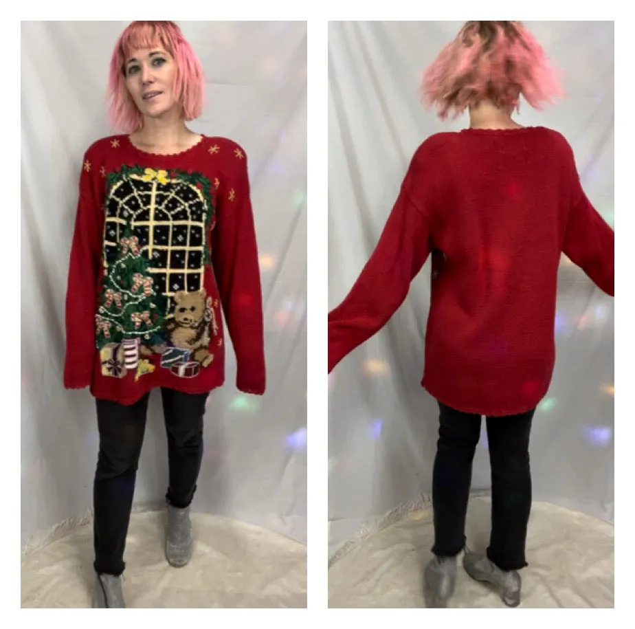 Vintage 90s Red Festive Tacky Ugly Christmas Tree Teddybear Oversized Sweater L