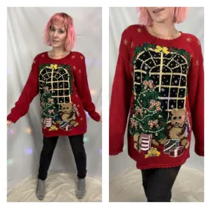 Vintage 90s Red Festive Tacky Ugly Christmas Tree Teddybear Oversized Sweater L