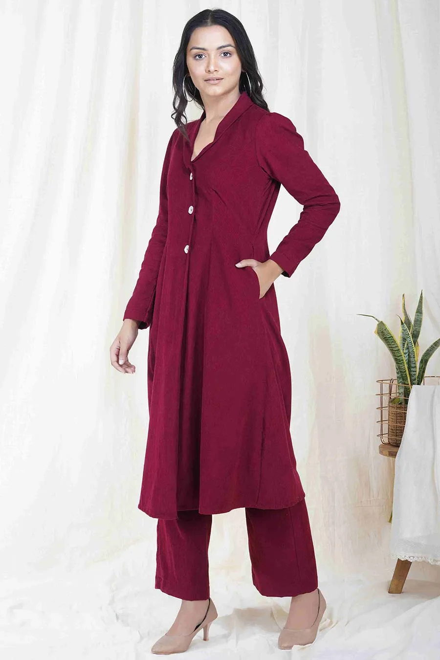 Wine Red Corduroy Long Coat Jacket