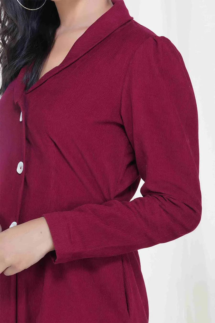 Wine Red Corduroy Long Coat Jacket