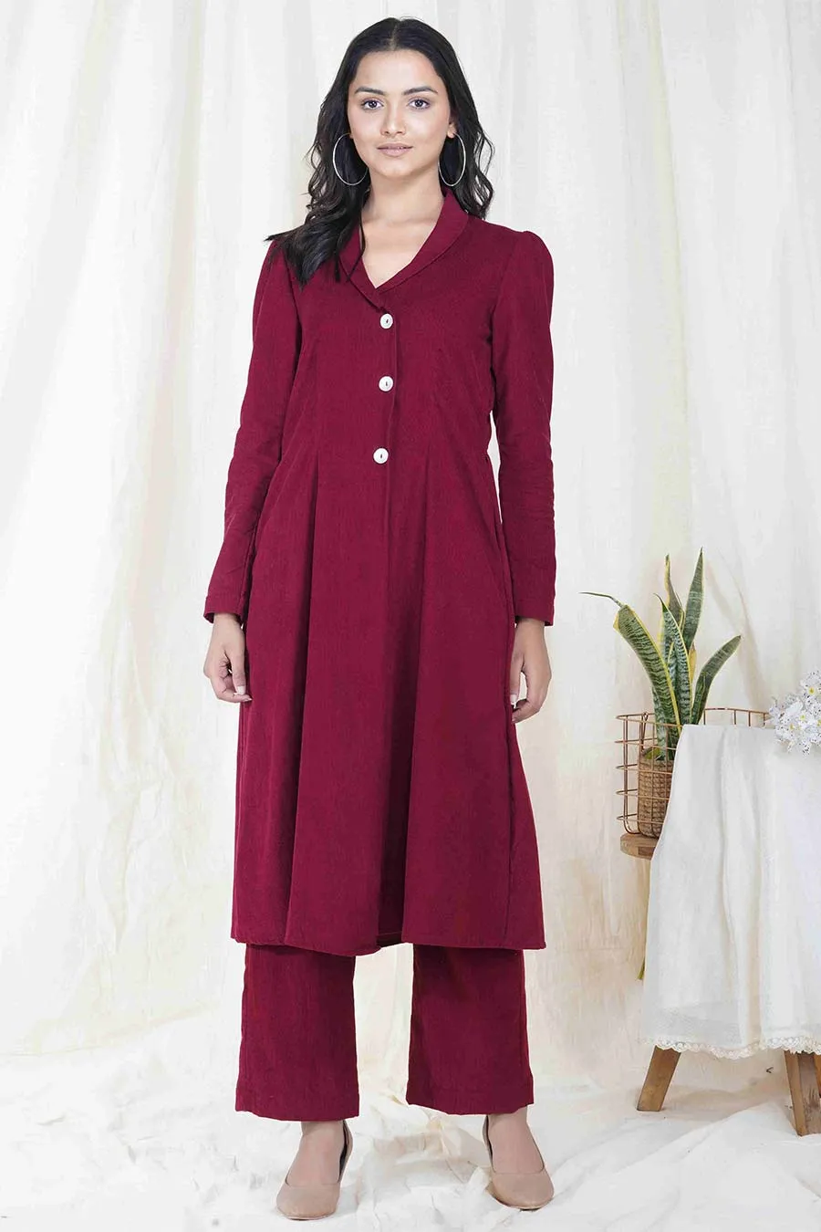 Wine Red Corduroy Long Coat Jacket