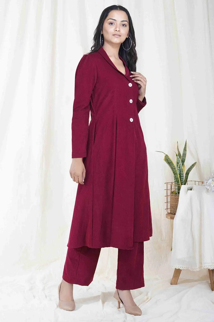 Wine Red Corduroy Long Coat Jacket