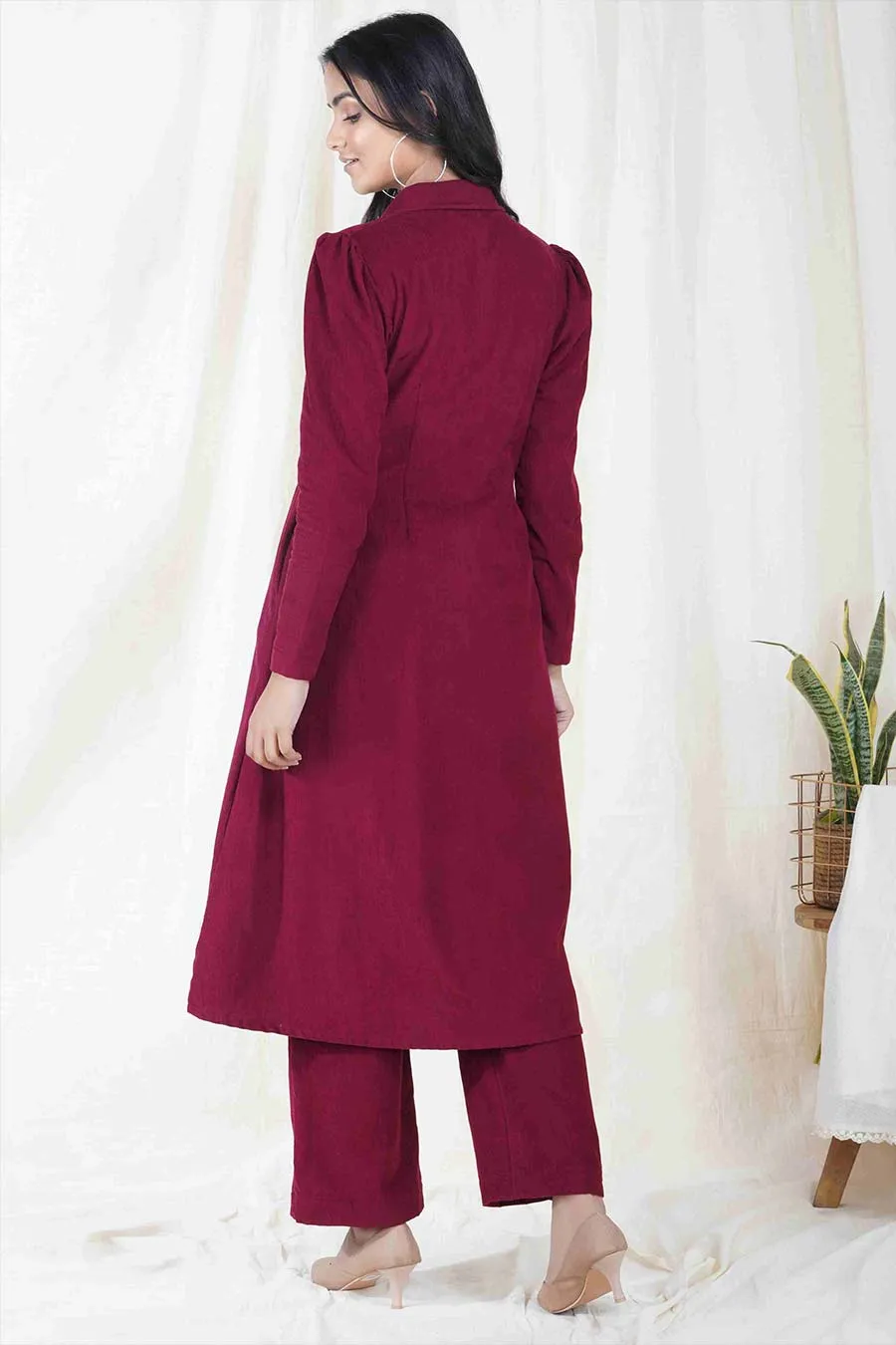 Wine Red Corduroy Long Coat Jacket