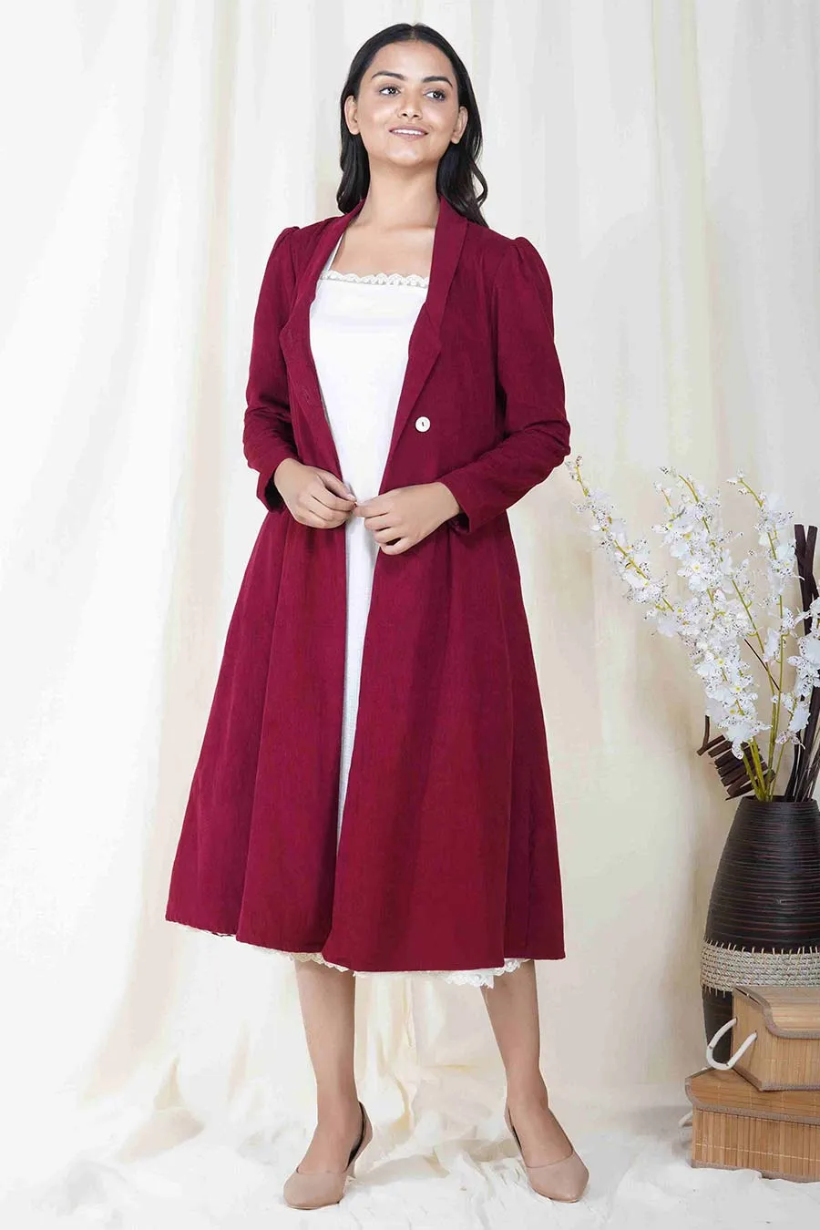 Wine Red Corduroy Long Coat Jacket