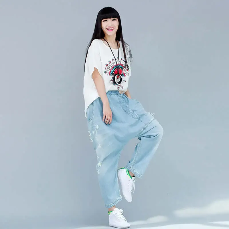 Women's summer blue denim casual pants with pockets pencil pants