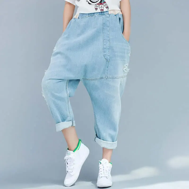 Women's summer blue denim casual pants with pockets pencil pants