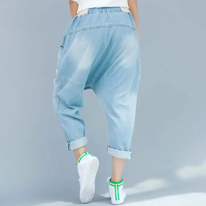 Women's summer blue denim casual pants with pockets pencil pants