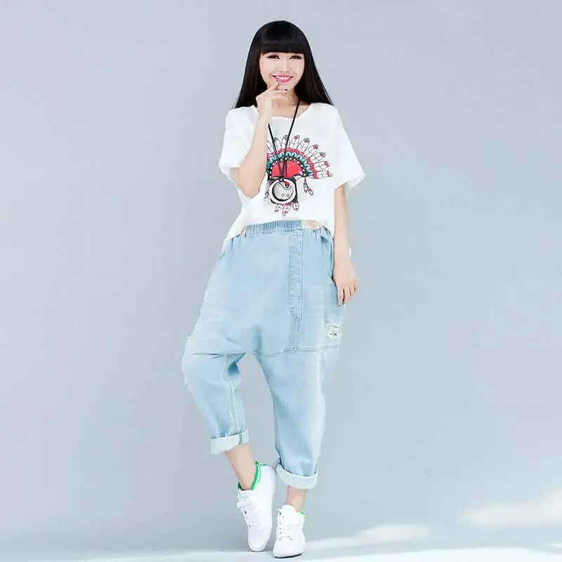 Women's summer blue denim casual pants with pockets pencil pants