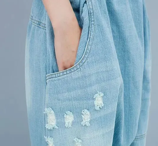 Women's summer blue denim casual pants with pockets pencil pants