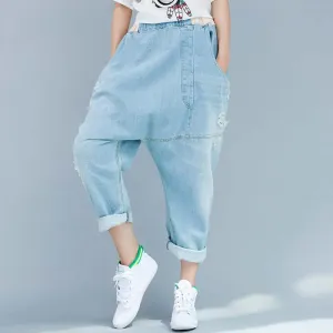 Women's summer blue denim casual pants with pockets pencil pants