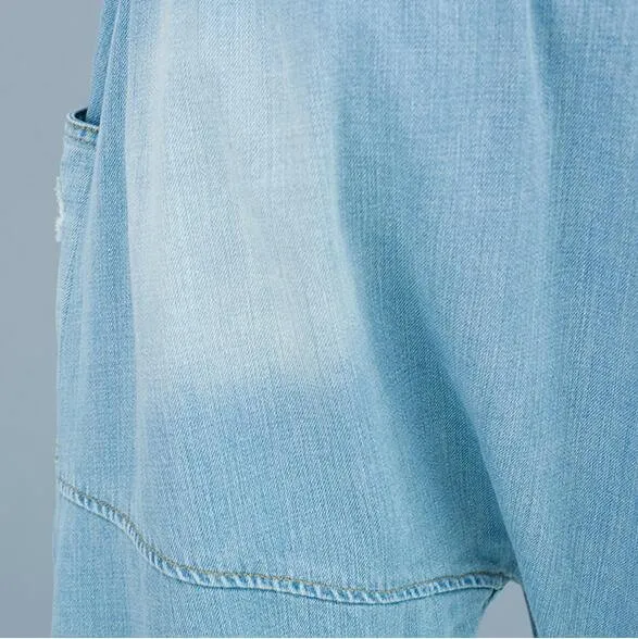 Women's summer blue denim casual pants with pockets pencil pants