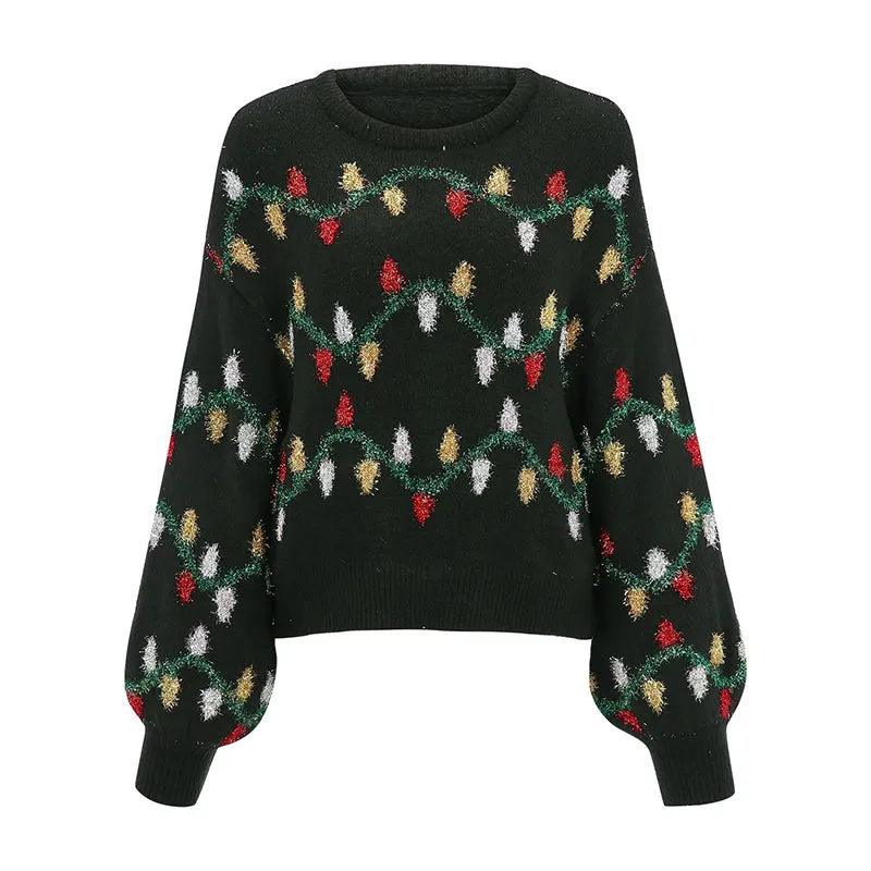 Women's sweet Chrsitmas graphic sweater with long lantern sleeves